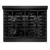 ZLINE 4-Piece Appliance Package - 30-Inch Paramount Gas Range, Wall Mount Range Hood, 36-Inch French Door Refrigerator, Dishwasher, in Black Stainless Steel with Gold Accents