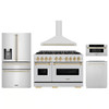 ZLINE 5-Piece Appliance Package - 48-Inch Autograph Edition Gas Range, Wall Mount Range Hood, 36-Inch French Door Refrigerator with Water Dispenser, Dishwasher, and 30-Inch Microwave Drawer in Stainless Steel with Gold Accents