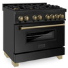 ZLINE 5-Piece Appliance Package - 36-Inch Legacy Dual Fuel Range, Wall Mount Range Hood, 36-Inch French Door Refrigerator, Dishwasher, and 30-Inch Microwave Drawer in Black Stainless Steel with Champagne Bronze Accents