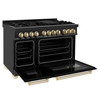 ZLINE 4-Piece Appliance Package - 48-Inch Legacy Dual Fuel Range, Wall Mount Range Hood, 36-Inch French Door Refrigerator, Dishwasher, in Black Stainless Steel with Gold Accents