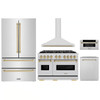 ZLINE 5-Piece Appliance Package - 48-Inch Autograph Edition Gas Range, Wall Mount Range Hood, 36-Inch French Door Refrigerator, Dishwasher, and 30-Inch Microwave Drawer in Stainless Steel with Champagne Bronze Accents