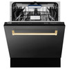 ZLINE 4-Piece Appliance Package - 36-Inch Legacy Dual Fuel Range, Wall Mount Range Hood, 36-Inch French Door Refrigerator, Dishwasher, in Black Stainless Steel with Champagne Bronze Accents