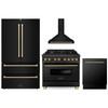 ZLINE 4-Piece Appliance Package - 36-Inch Legacy Dual Fuel Range, Wall Mount Range Hood, 36-Inch French Door Refrigerator, Dishwasher, in Black Stainless Steel with Champagne Bronze Accents