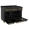ZLINE 5-Piece Appliance Package - 48-Inch Legacy Dual Fuel Range, Wall Mount Range Hood, 36-Inch French Door Refrigerator with Water Dispenser, Dishwasher, and 30-Inch Microwave Drawer in Black Stainless Steel with Champagne Bronze Accents