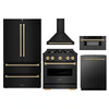 ZLINE 5-Piece Appliance Package - 30-Inch Autograph Edition Gas Range, Wall Mount Range Hood, 36-Inch French Door Refrigerator, Dishwasher, and 30-Inch Microwave Drawer in Black Stainless Steel with Champagne Bronze Accents