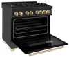 ZLINE 4-Piece Appliance Package - 36-Inch Legacy Dual Fuel Range, Wall Mount Range Hood, 36-Inch French Door Refrigerator with Water Dispenser, Dishwasher, in Black Stainless Steel with Gold Accents