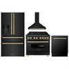 ZLINE 4-Piece Appliance Package - 36-Inch Legacy Dual Fuel Range, Wall Mount Range Hood, 36-Inch French Door Refrigerator with Water Dispenser, Dishwasher, in Black Stainless Steel with Gold Accents
