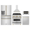 ZLINE 5-Piece Appliance Package - 30-Inch Legacy Autograph Dual Fuel Range, Wall Mount Range Hood, 36-Inch French Door Refrigerator with Water Dispenser, Dishwasher, and 30-Inch Microwave Drawer in Stainless Steel with Gold Accents