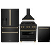 ZLINE 4-Piece Appliance Package - 30-Inch Legacy Dual Fuel Range, Wall Mount Range Hood, 36-Inch French Door Refrigerator with Water Dispenser, Dishwasher, in Black Stainless Steel with Champagne Bronze Accents
