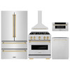ZLINE 5-Piece Appliance Package - 30-Inch Autograph Edition Gas Range, Wall Mount Range Hood, 36-Inch French Door Refrigerator, Dishwasher, and 30-Inch Microwave Drawer in Stainless Steel with Gold Accents
