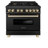 ZLINE 5-Piece Appliance Package - 36-Inch Legacy Dual Fuel Range, Wall Mount Range Hood, 36-Inch French Door Refrigerator, Dishwasher, and 24-Inch Microwave Drawer in Black Stainless Steel with Gold Accents