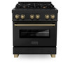 ZLINE 5-Piece Appliance Package - 30-Inch Legacy Dual Fuel Range, Wall Mount Range Hood, 36-Inch French Door Refrigerator, Dishwasher, and 30-Inch Microwave Drawer in Black Stainless Steel with Champagne Bronze Accents