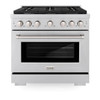ZLINE 5-Piece Appliance Package - 36-Inch Paramount Gas Range, Wall Mount Range Hood, 36-Inch French Door Refrigerator with Water Dispenser, Dishwasher, and 24-Inch Microwave Drawer in Stainless Steel
