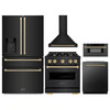 ZLINE 5-Piece Appliance Package - 30-Inch Autograph Edition Gas Range, Wall Mount Range Hood, 36-Inch French Door Refrigerator with Water Dispenser, Dishwasher, and 30-Inch Microwave Drawer in Black Stainless Steel with Champagne Bronze Accents