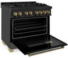 ZLINE 5-Piece Appliance Package - 36-Inch Legacy Dual Fuel Range, Wall Mount Range Hood, 36-Inch French Door Refrigerator, Dishwasher, and 24-Inch Microwave Drawer in Black Stainless Steel with Champagne Bronze Accents