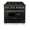 ZLINE 5-Piece Appliance Package - 36-Inch Legacy Dual Fuel Range, Wall Mount Range Hood, 36-Inch French Door Refrigerator, Dishwasher, and 24-Inch Microwave Drawer in Black Stainless Steel with Champagne Bronze Accents