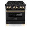 ZLINE 5-Piece Appliance Package - 30-Inch Legacy Dual Fuel Range, Wall Mount Range Hood, 36-Inch French Door Refrigerator, Dishwasher, and 24-Inch Microwave Drawer in Black Stainless Steel with Gold Accents