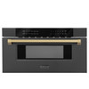 ZLINE 5-Piece Appliance Package - 36-Inch Autograph Edition Gas Range, Wall Mount Range Hood, 36-Inch French Door Refrigerator with Water Dispenser, Dishwasher, and 30-Inch Microwave Drawer in Black Stainless Steel with Champagne Bronze Accents