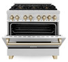 ZLINE 5-Piece Appliance Package - 36-Inch Legacy Autograph Dual Fuel Range, Wall Mount Range Hood, 36-Inch French Door Refrigerator with Water Dispenser, Dishwasher, and 24-Inch Microwave Drawer in Stainless Steel with Gold Accents