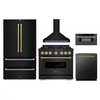 ZLINE 5-Piece Appliance Package - 36-Inch Autograph Edition Dual Fuel Range, Wall Mount Range Hood, 36-Inch French Door Refrigerator, Dishwasher, and 30-Inch Microwave Drawer in Black Stainless Steel with Champagne Bronze Accents