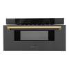 ZLINE 5-Piece Appliance Package - 48-Inch Autograph Edition Gas Range, Wall Mount Range Hood, 36-Inch French Door Refrigerator, Dishwasher, and 30-Inch Microwave Drawer in Black Stainless Steel with Gold Accents