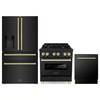 ZLINE 3-Piece Appliance Package - 30-Inch Legacy Dual Fuel Range, 36-Inch French Door Refrigerator with Water Dispenser, Dishwasher, in Black Stainless Steel with Gold Accents