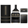 ZLINE 5-Piece Appliance Package - 30-Inch Autograph Edition Dual Fuel Range, Wall Mount Range Hood, 36-Inch French Door Refrigerator, Dishwasher, and 30-Inch Microwave Drawer in Black Stainless Steel with Champagne Bronze Accents