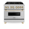 ZLINE 4-Piece Appliance Package - 36-Inch Legacy Autograph Dual Fuel Range, Wall Mount Range Hood, 36-Inch French Door Refrigerator with Water Dispenser, Dishwasher, in Stainless Steel with Gold Accents