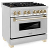 ZLINE 4-Piece Appliance Package - 36-Inch Legacy Autograph Dual Fuel Range, Wall Mount Range Hood, 36-Inch French Door Refrigerator with Water Dispenser, Dishwasher, in Stainless Steel with Gold Accents