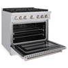 ZLINE 5-Piece Appliance Package - 36-Inch Paramount Gas Range, Wall Mount Range Hood, 36-Inch French Door Refrigerator, Dishwasher, and 30-Inch Microwave Drawer in Stainless Steel