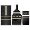 ZLINE 5-Piece Appliance Package - 30-Inch Legacy Dual Fuel Range, Wall Mount Range Hood, 36-Inch French Door Refrigerator with Water Dispenser, Dishwasher, and 30-Inch Microwave Drawer in Black Stainless Steel with Gold Accents