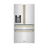 ZLINE 4-Piece Appliance Package - 30-Inch Legacy Autograph Dual Fuel Range, Wall Mount Range Hood, 36-Inch French Door Refrigerator with Water Dispenser, Dishwasher, in Stainless Steel with Gold Accents