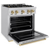 ZLINE 5-Piece Appliance Package - 30-Inch Autograph Edition Gas Range, Wall Mount Range Hood, 36-Inch French Door Refrigerator, Dishwasher, and 30-Inch Microwave Drawer in Stainless Steel with Champagne Bronze Accents