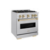 ZLINE 5-Piece Appliance Package - 30-Inch Autograph Edition Gas Range, Wall Mount Range Hood, 36-Inch French Door Refrigerator, Dishwasher, and 30-Inch Microwave Drawer in Stainless Steel with Champagne Bronze Accents