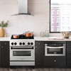 ZLINE 4-Piece Appliance Package - 30-Inch Legacy Autograph Dual Fuel Range, Wall Mount Range Hood, 36-Inch French Door Refrigerator, Dishwasher, in Stainless Steel with Matte Black Accents