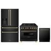 ZLINE 3-Piece Appliance Package - 36-Inch Legacy Dual Fuel Range, 36-Inch French Door Refrigerator with Water Dispenser, Dishwasher, in Black Stainless Steel with Champagne Bronze Accents