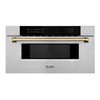 ZLINE 5-Piece Appliance Package - 36-Inch Autograph Edition Gas Range, Wall Mount Range Hood, 36-Inch French Door Refrigerator with Water Dispenser, Dishwasher, and 30-Inch Microwave Drawer in Stainless Steel with Champagne Bronze Accents