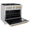 ZLINE 5-Piece Appliance Package - 36-Inch Autograph Edition Gas Range, Wall Mount Range Hood, 36-Inch French Door Refrigerator with Water Dispenser, Dishwasher, and 30-Inch Microwave Drawer in Stainless Steel with Champagne Bronze Accents