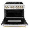 ZLINE 5-Piece Appliance Package - 36-Inch Legacy Autograph Dual Fuel Range, Wall Mount Range Hood, 36-Inch French Door Refrigerator, Dishwasher, and 24-Inch Microwave Drawer in Stainless Steel with Gold Accents