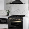 ZLINE 4-Piece Appliance Package - 36-Inch Legacy Dual Fuel Range, Wall Mount Range Hood, 36-Inch French Door Refrigerator, Dishwasher, in Black Stainless Steel with Gold Accents