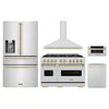 ZLINE 5-Piece Appliance Package - 48-Inch Autograph Edition Dual Fuel Range, Wall Mount Range Hood, 36-Inch French Door Refrigerator with Water Dispenser, Dishwasher, and 30-Inch Microwave Drawer in Stainless Steel with Gold Accents