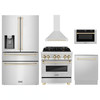 ZLINE 5-Piece Appliance Package - 30-Inch Legacy Autograph Dual Fuel Range, Wall Mount Range Hood, 36-Inch French Door Refrigerator with Water Dispenser, Dishwasher, and 24-Inch Microwave Drawer in Stainless Steel with Gold Accents
