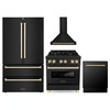 ZLINE 4-Piece Appliance Package - 30-Inch Legacy Dual Fuel Range, Wall Mount Range Hood, 36-Inch French Door Refrigerator, Dishwasher, in Black Stainless Steel with Gold Accents