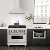 ZLINE 5-Piece Appliance Package - 36-Inch Autograph Edition Dual Fuel Range, Wall Mount Range Hood, 36-Inch French Door Refrigerator with Water Dispenser, Dishwasher, and 30-Inch Microwave Drawer in Stainless Steel with Champagne Bronze Accents