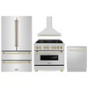 ZLINE 4-Piece Appliance Package - 36-Inch Legacy Autograph Dual Fuel Range, Wall Mount Range Hood, 36-Inch French Door Refrigerator, Dishwasher, in Stainless Steel with Gold Accents