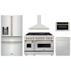 ZLINE 5-Piece Appliance Package - 48-Inch Legacy Autograph Dual Fuel Range, Wall Mount Range Hood, 36-Inch French Door Refrigerator with Water Dispenser, Dishwasher, and 24-Inch Microwave Drawer in Stainless Steel with Gold Accents