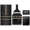ZLINE 5-Piece Appliance Package - 30-Inch Legacy Dual Fuel Range, Wall Mount Range Hood, 36-Inch French Door Refrigerator with Water Dispenser, Dishwasher, and 24-Inch Microwave Drawer in Black Stainless Steel with Gold Accents