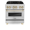 ZLINE 4-Piece Appliance Package - 30-Inch Legacy Autograph Dual Fuel Range, Wall Mount Range Hood, 36-Inch French Door Refrigerator, Dishwasher, in Stainless Steel with Gold Accents