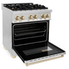 ZLINE 4-Piece Appliance Package - 30-Inch Legacy Autograph Dual Fuel Range, Wall Mount Range Hood, 36-Inch French Door Refrigerator, Dishwasher, in Stainless Steel with Gold Accents