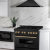 ZLINE 5-Piece Appliance Package - 36-Inch Legacy Dual Fuel Range, Wall Mount Range Hood, 36-Inch French Door Refrigerator with Water Dispenser, Dishwasher, and 30-Inch Microwave Drawer in Black Stainless Steel with Champagne Bronze Accents